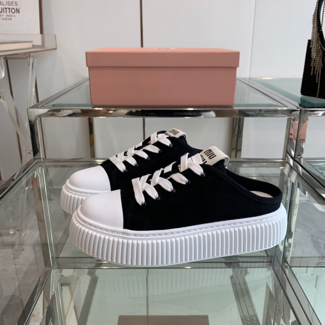Mule Shoes Black And White Canvas、mysite、Cacoeks