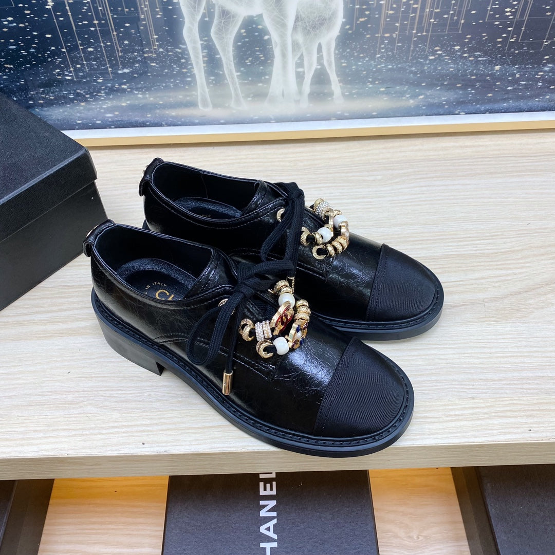 CC COMBAT OXFORD SHOES IN BLACK WRINKLED CALFSKIN AND GROSGRAIN WITH FAUX PEARL、mysite、Cacoeks