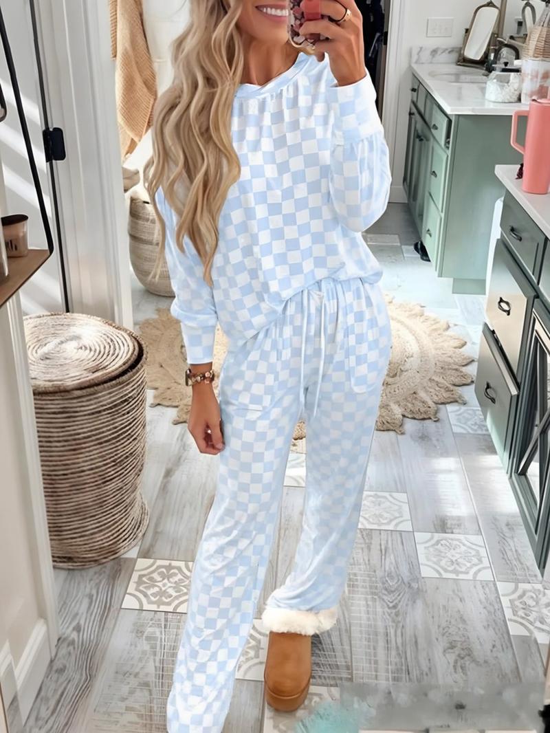 Two-Piece Set Women's Checkerboard Print Long Sleeve Tee & Drawstring Waist Pants Pajama, Casual Comfy Round Neck Top & Pocket Trousers PJ Set, Ladies Sleepwear for All Seasons