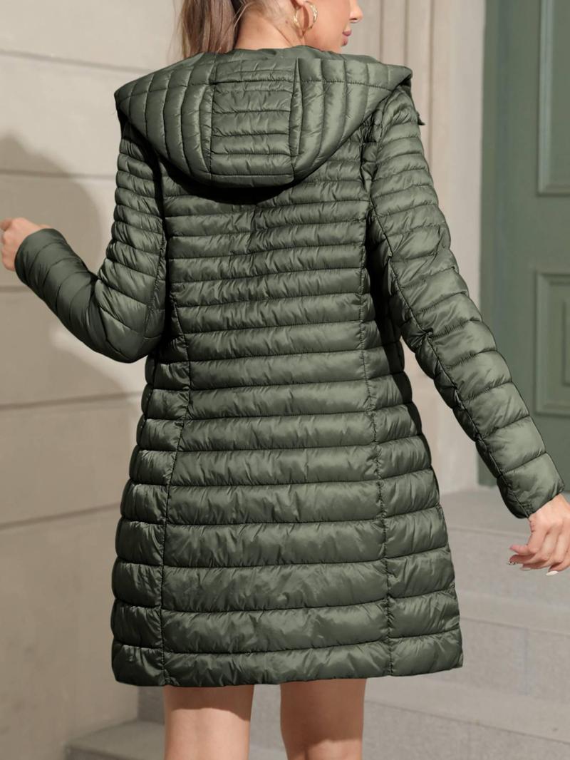 Women's Plus Size Fall Winter Puffer Jacket, Casual Fitted Long Sleeve Hooded Coat with Pocket, Lightweight Warm Outerwear