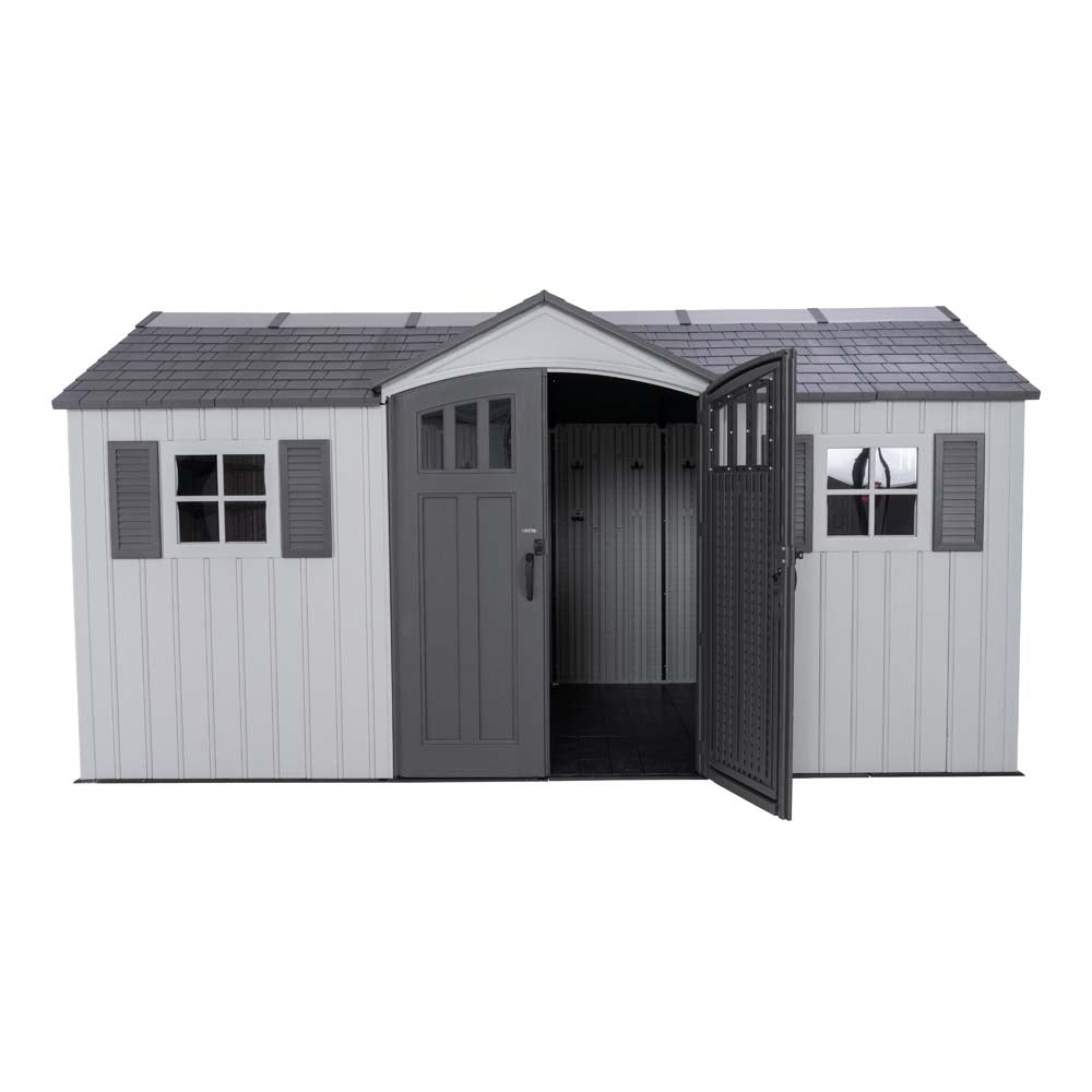 Lifetime 15x8 outdoor shed product image. Open door and open shutters. In a white background.