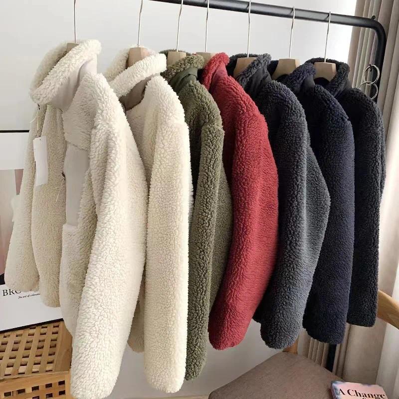 Fashion Lamb Plush Jacket Women's Autumn Winter New Pocket Zipper Long Sleeve Loose Stand Collar Comfort Warm Jacket for Women
