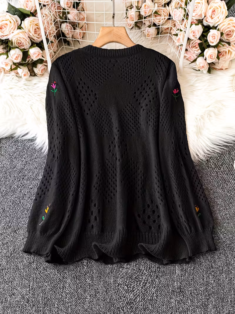 plus size floral embroidery sweater casual cut out long sleeve crew neck sweater for spring womens plus size clothing Product details 16