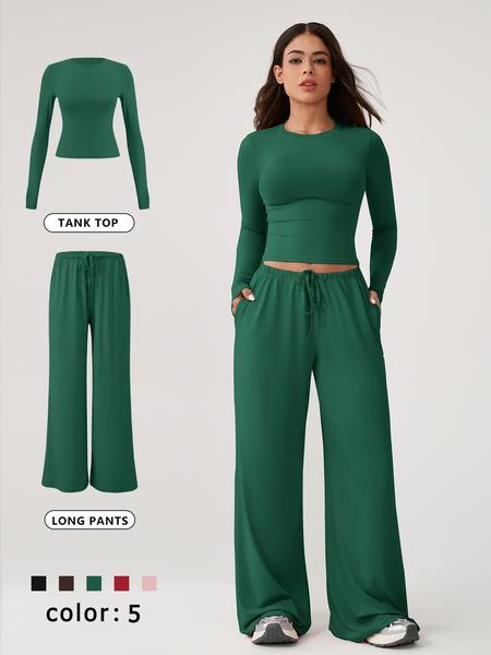 Two Piece Set Women's Home Clothing Set Soft and Skin Friendly Long Sleeved T-shirt Loose and Wide Leg Pants with Adjustable Drawstring Daily Leisure Travel Airport Travel Home Wear Women's Pajamas Set, Womenswear