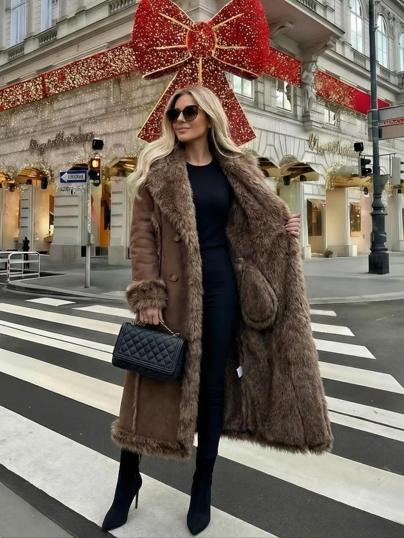 Women's Faux Fur Coat, Autumn Winter Fashionable Long Sleeve Jacket, Elegant Thick Retro Loose Fit Medium-Length Outerwear