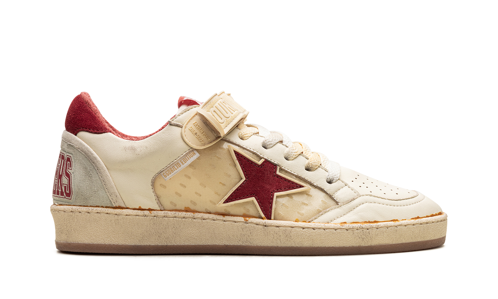 BALL STAR WITH STRAP NAPPA AND PVC UPPER SUEDE STAR SPUR AND HEEL "WHITE ICE RED PVC"、mysite、Cacoeks