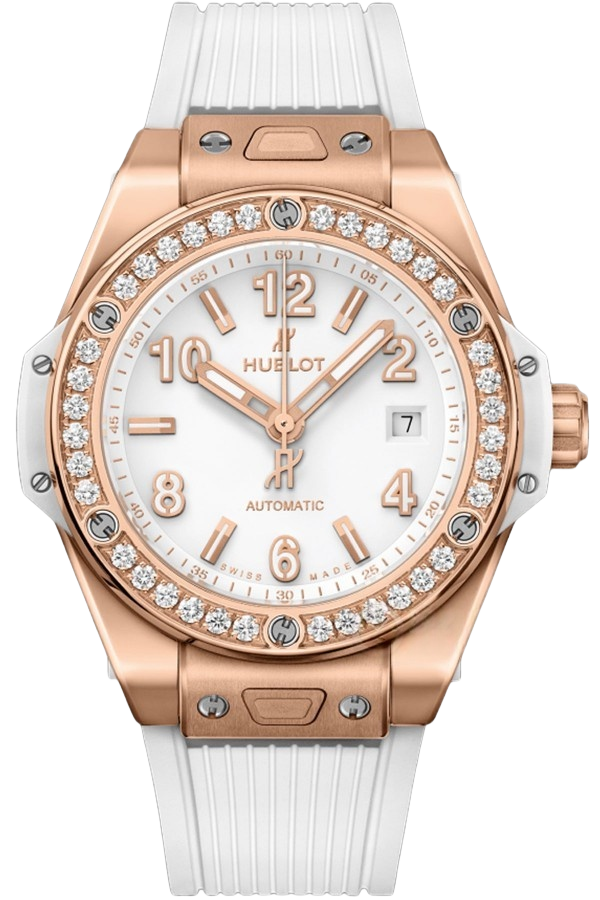 Hublot Big Bang Ref. 485.OE.2080.RW.1204 Super Clone Watch – King Gold Diamond Bezel White Rubber Strap Fake Replica