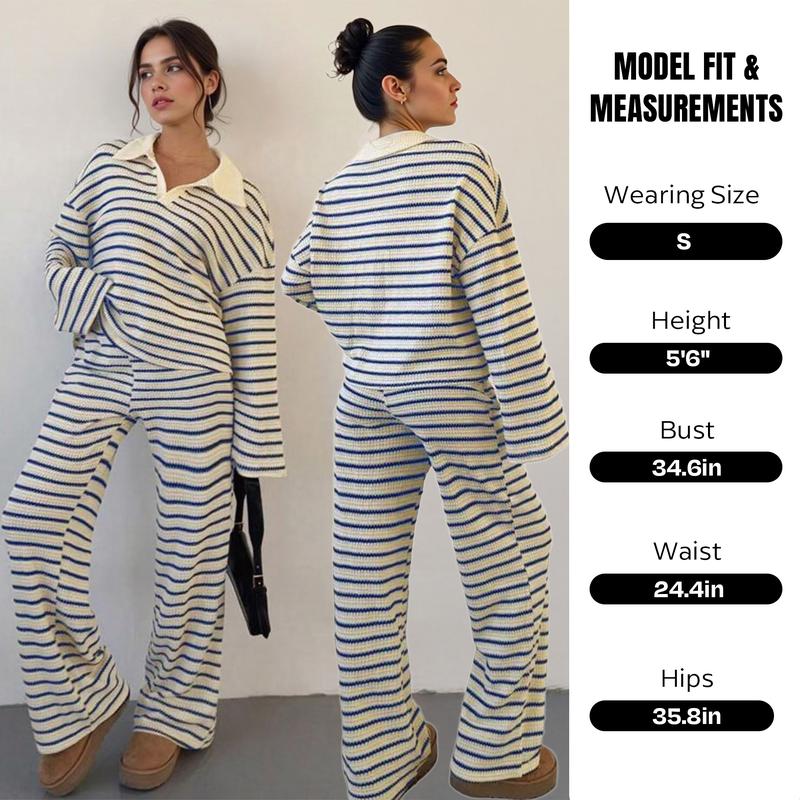 KatchMe Women's Casual Color Matching Stripe Long Sleeve Top & Wide Leg Trousers Co-ord, Soft V-Neck Loose Two Piece Outfits, Comfortable Womenswear #BlackFriday#