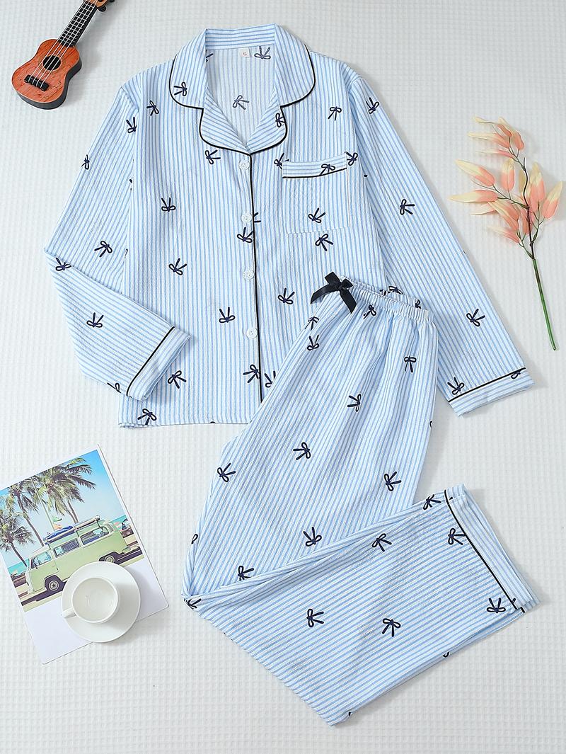 Women's Striped Bow Print Long Sleeve Pajama Set, Sweet Cute Button Front Top and Pants, Casual Home Wear for All Seasons
