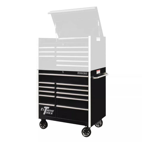 Black Extreme Tools 41 Tool Chest On Wheels With Multiple Chrome Handled Drawers Partially Covered By A Semi Transparent Overlay Depicting An Open Upper Section