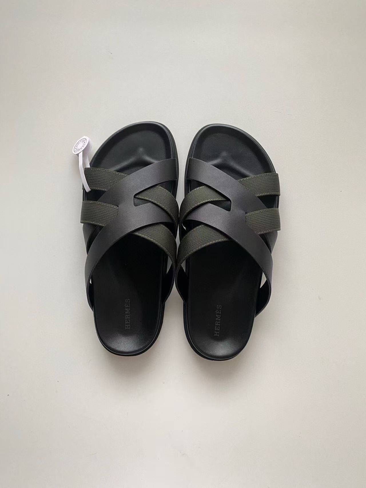 HM SLIDES IN BLACK AND DARK GREEN FABRIC、mysite、Cacoeks