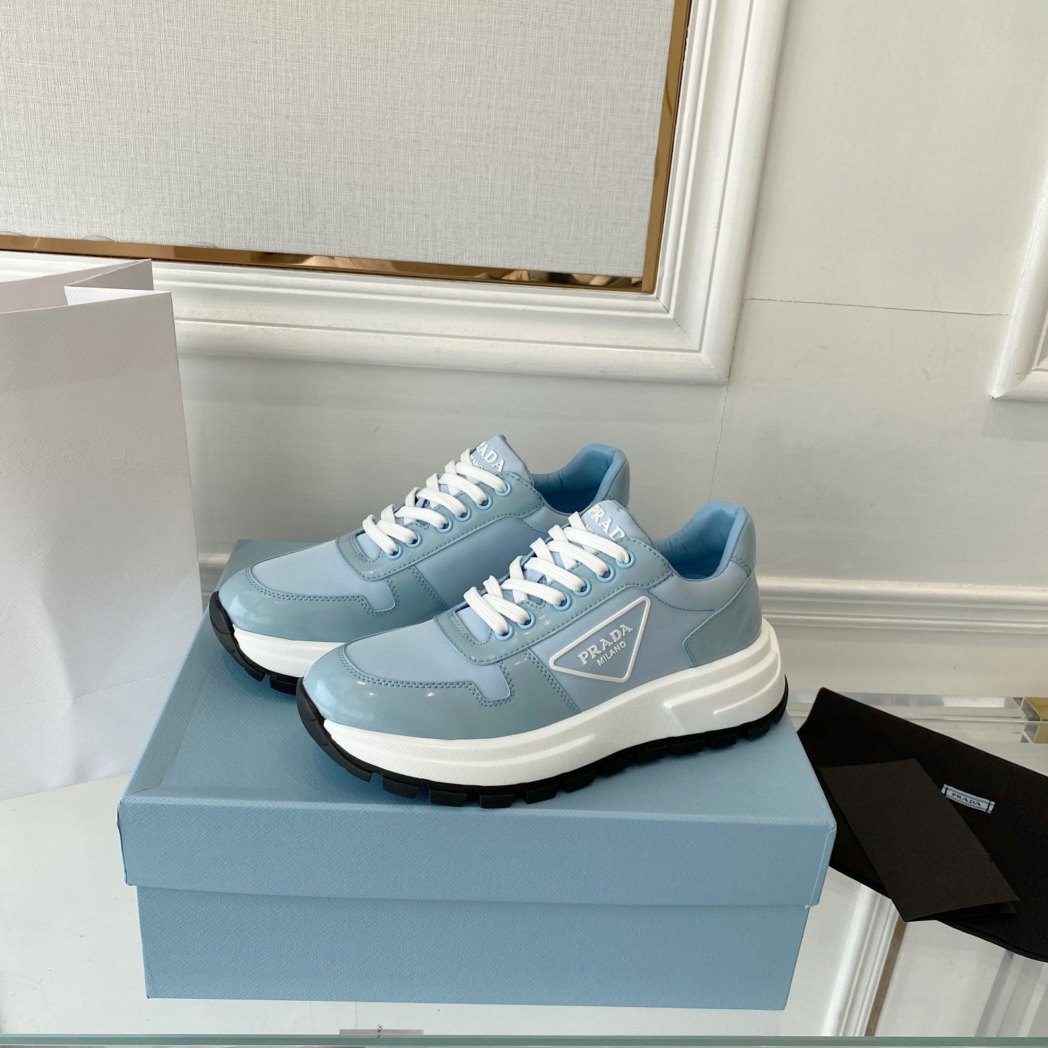 PRADA 25S THICK SOLE SNEAKER IN LIGHT BLUE CALFSKIN AND CANVAS、mysite、Cacoeks