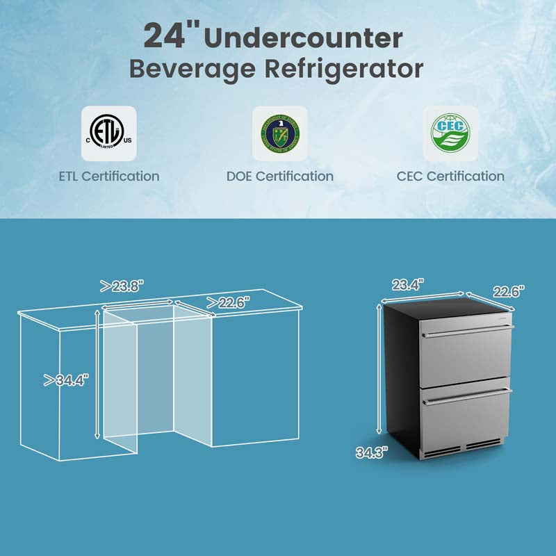 Eletriclife 24 Inch Under Counter Dual Drawer Fridge with 37℉-64℉ Temperature Range