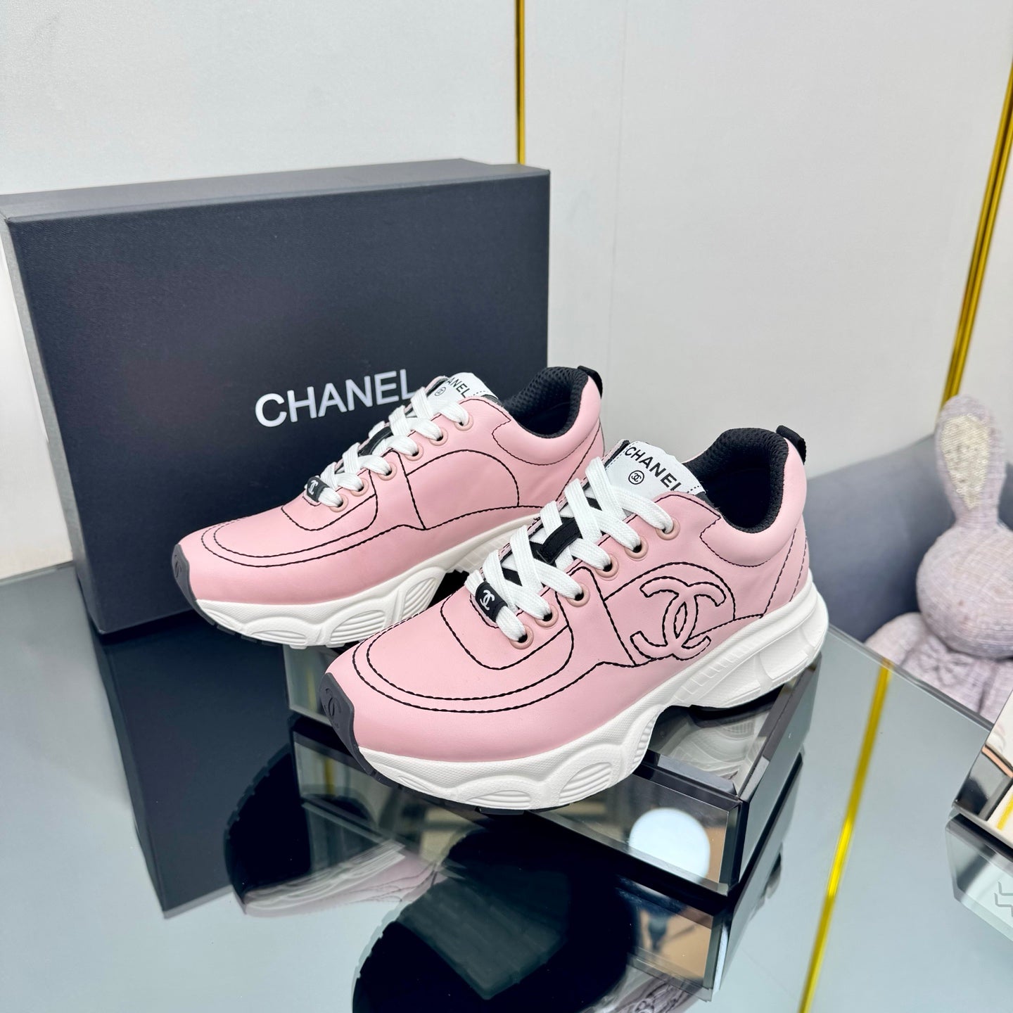 TRAINERS SNEAKER IN LIGHT PINK CALFSKIN WITH BLACK EMBROIDERED、mysite、Cacoeks