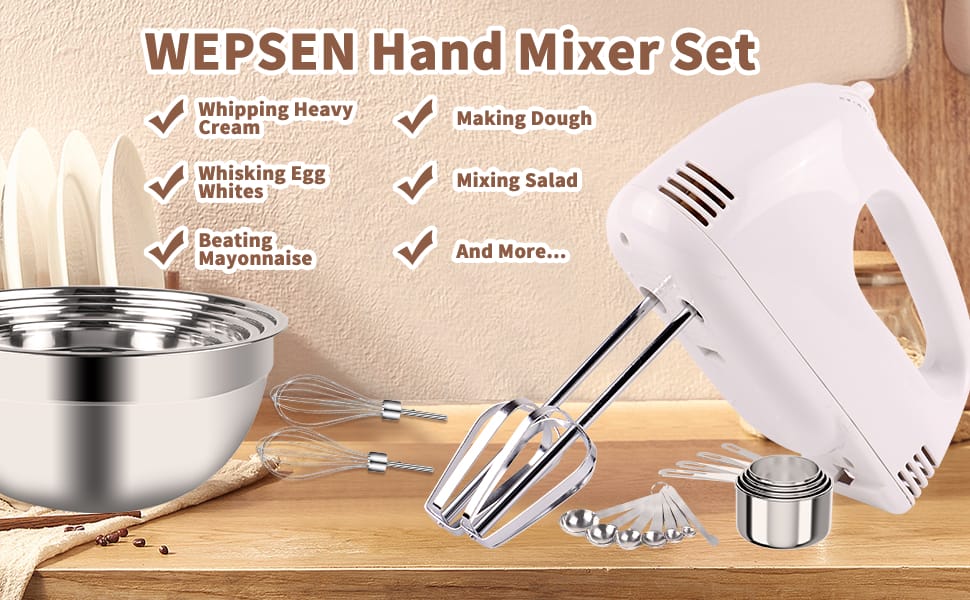 Ecectric hand mixer, mixing bowls, stainless steel measuring cups spoons