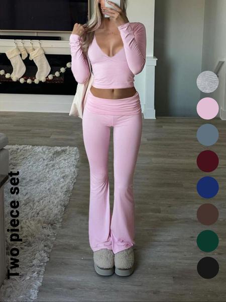 Elegant Casual V-Neck Long Sleeve Two-Piece Set, Slim-Fit Crop Top & Pants for Fall Winter, Moderate Fabric, Plain Color Design
