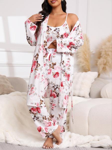 【Plus Size】 Three-Piece Set Floral Print Belted Lounge Robe & Cami Top & Elastic Waist Pants Pyjama Set, Elegant Comfy Drop Shoulder Long Sleeve Robe & Sleeveless Top & Bow Decor Trousers PJ Set, Women's Sleepwear for Spring & Fall, Pajamas