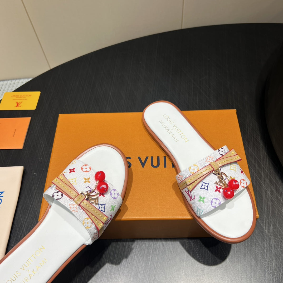 LV SLIDE SANDALS LOGO PRINT 25S IN WHITE CALFSKIN WITH CHERRY BLOSSOM BUCKLE、mysite、Cacoeks
