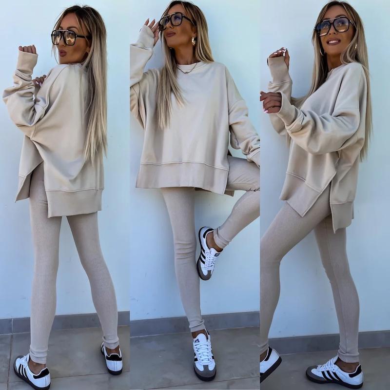Oversize Two-Piece Set Women's  Split Hem Sweatshirt & Skinny Pants, Casual Fashion Cozy Round Neck Long Sleeve Pullover Women's Clothing for Fall & Basic Winter  Suits Womenswear Gamis