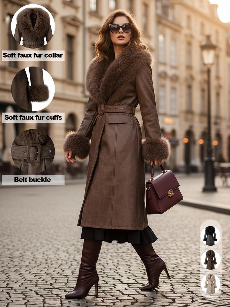 Women's Fall Winter Long Windproof Waterproof Jacket Coat, Comfortable Faux Fur Collar, Thick PU Leather, Slim Fit with Belted Design Outerwear