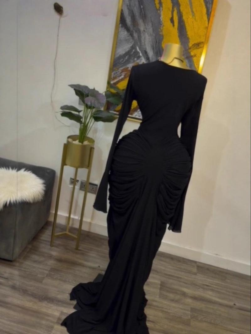 PULKRITU Women's Asymmetrical Neckline Flared Long Sleeve Ruffled Stacked Dress, Autumn Birthday Party Sexy Evening Gown with Scarf Bodycon Midi Ruched Side Maxi Dresses, Trendy Education Holiday Long Dresses, Fashion Streetwear Clothing, Floor Length Dre