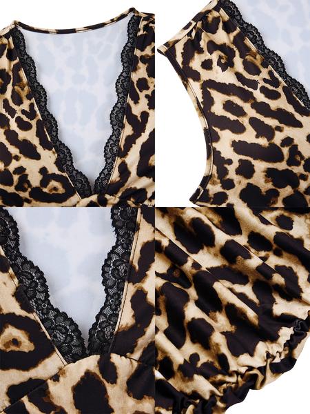 Women's Leopard Print V Neck Lace Trim Ruched Split Bodycon Midi Dress, Elegant Slim-Fit All-Season Fashion, Perfect for Parties & Events