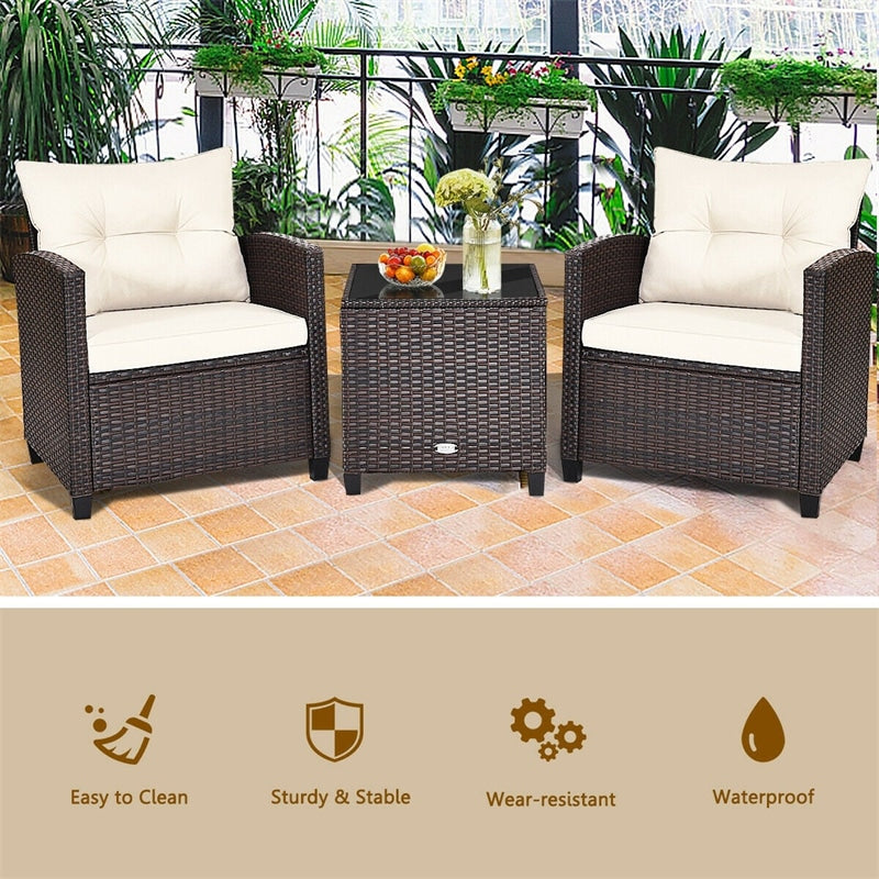 3 Pieces Patio Rattan Furniture Set with Washable Cushion and Coffee Table