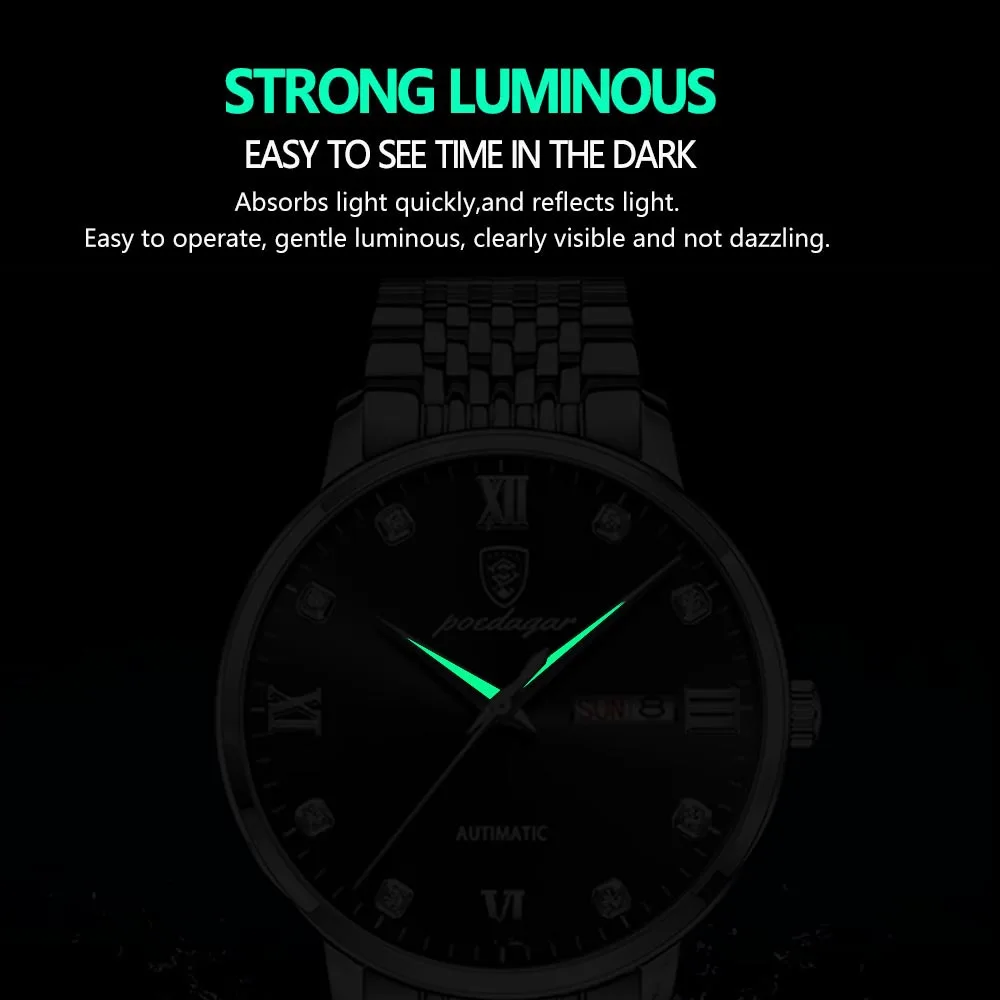 Poedagar Men Watch Luxury Waterproof Luminous Date Week Stainless Steel Mens Quartz Watches for Men Business Relogio Masculino