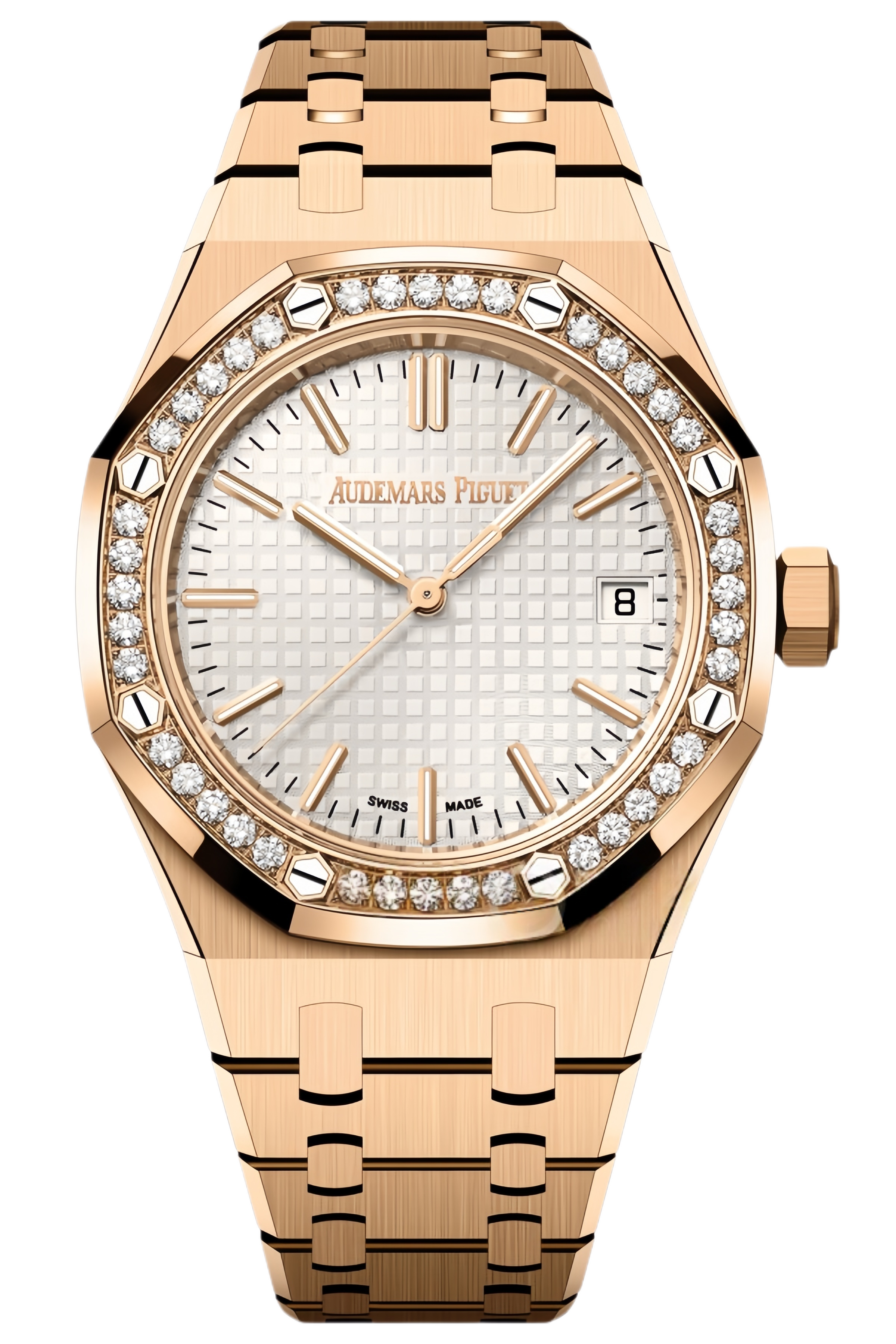 Audemars Piguet Royal Oak Ref. 15551OR.ZZ.1356OR.04 Super Clone Watch – 37mm Rose Gold Case Diamond Bezel Silver Dial Swiss Replica