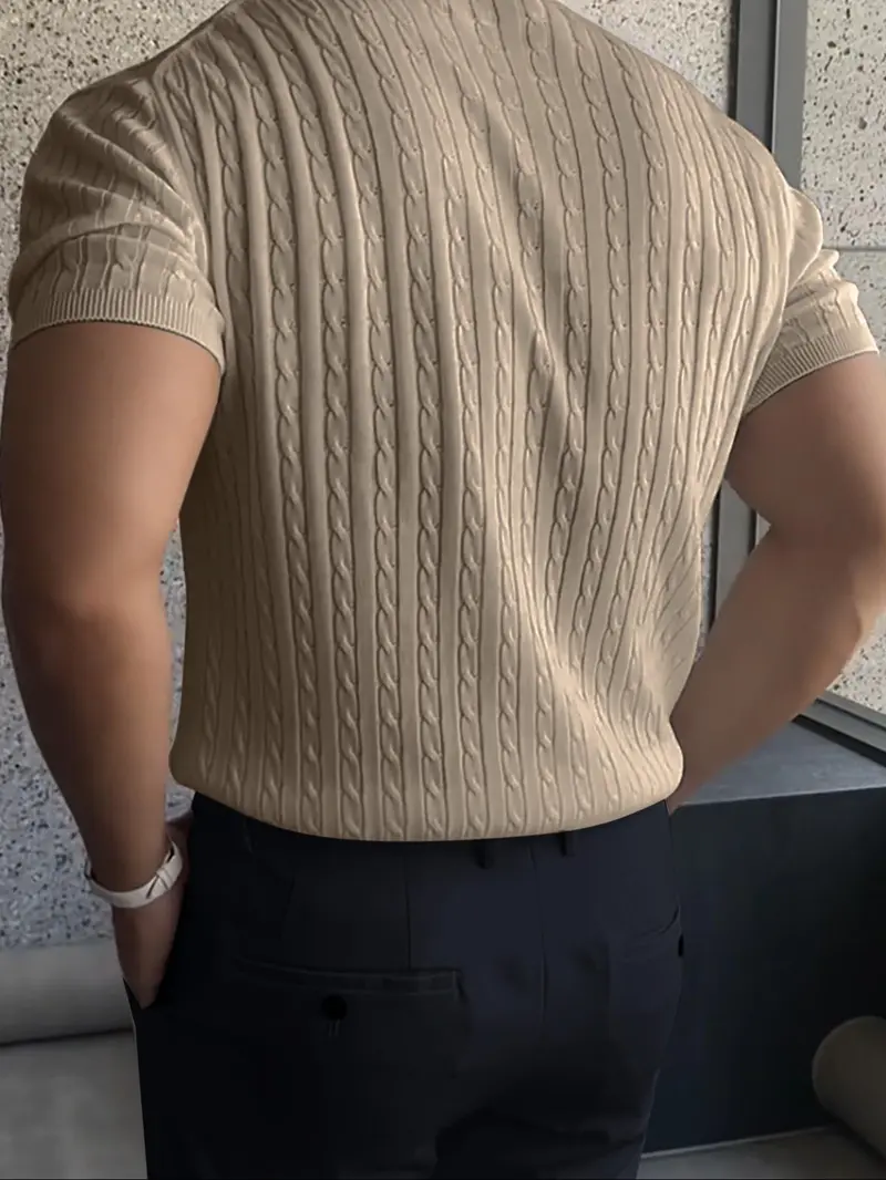 Product Introduction of Summer Clothes Men's Plain Round Neck Cable Knit Shortsleeve Top, Slim Casual Crew Neck Knitwear for Spring & Summer, Menswear for Daily Wear, National Day Clothing 10