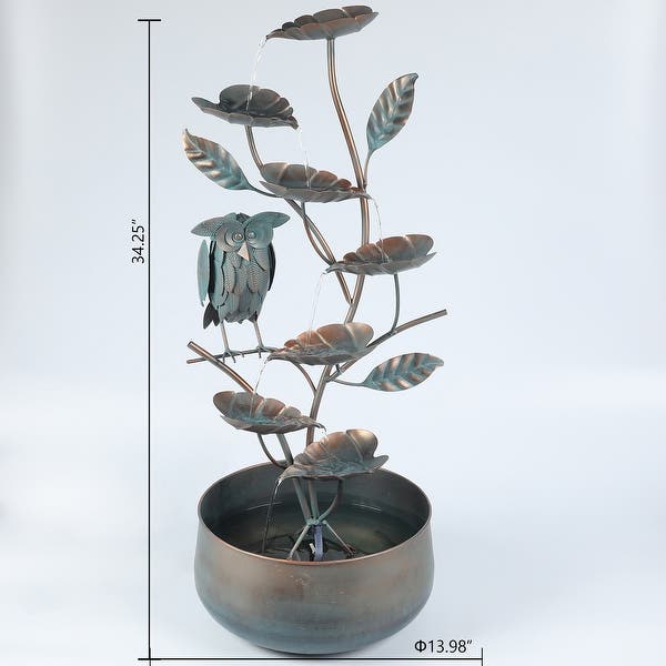 Metal Cascading Leaves and Owl Outdoor Fountain