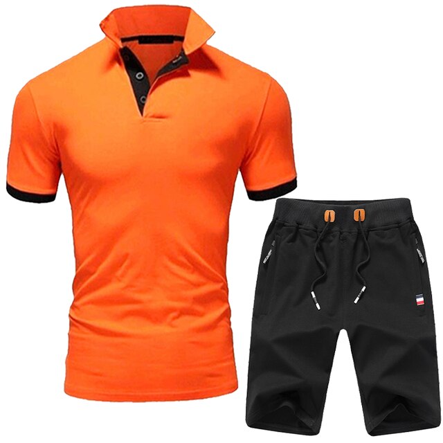 Custom LOGO Men's 2 Pieces Set Summer Patchwork Polo Shirt and Shorts Brand Trend Fashion Casual Sport Streetwear Male Tracksuit