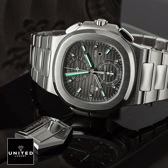 Patek Philippe Travel Time Steel Replica 1 Patek Philippe Geneve Black Dial Steel Case Replica dial phosphor