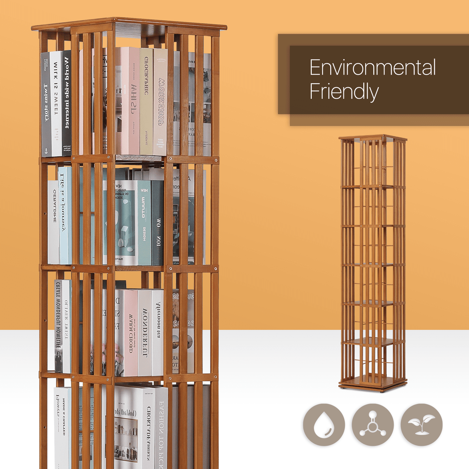 MoNiBloom Bamboo 6 Tiers Rotating Bookshelf, Modern Bookcase, Storage Rack, Brown, for Home