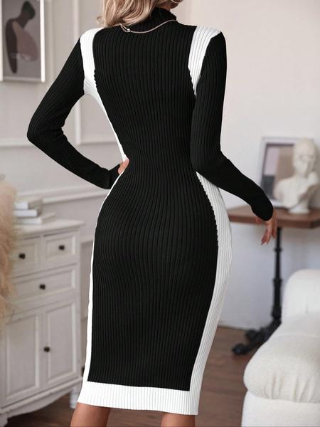 Elegant Long Sleeve Knit Dress for Women, Autumn Winter High Neck Slim Fit Dress, Random Pattern Color Block Knee-Length Dress for Commuting, Casual Dress