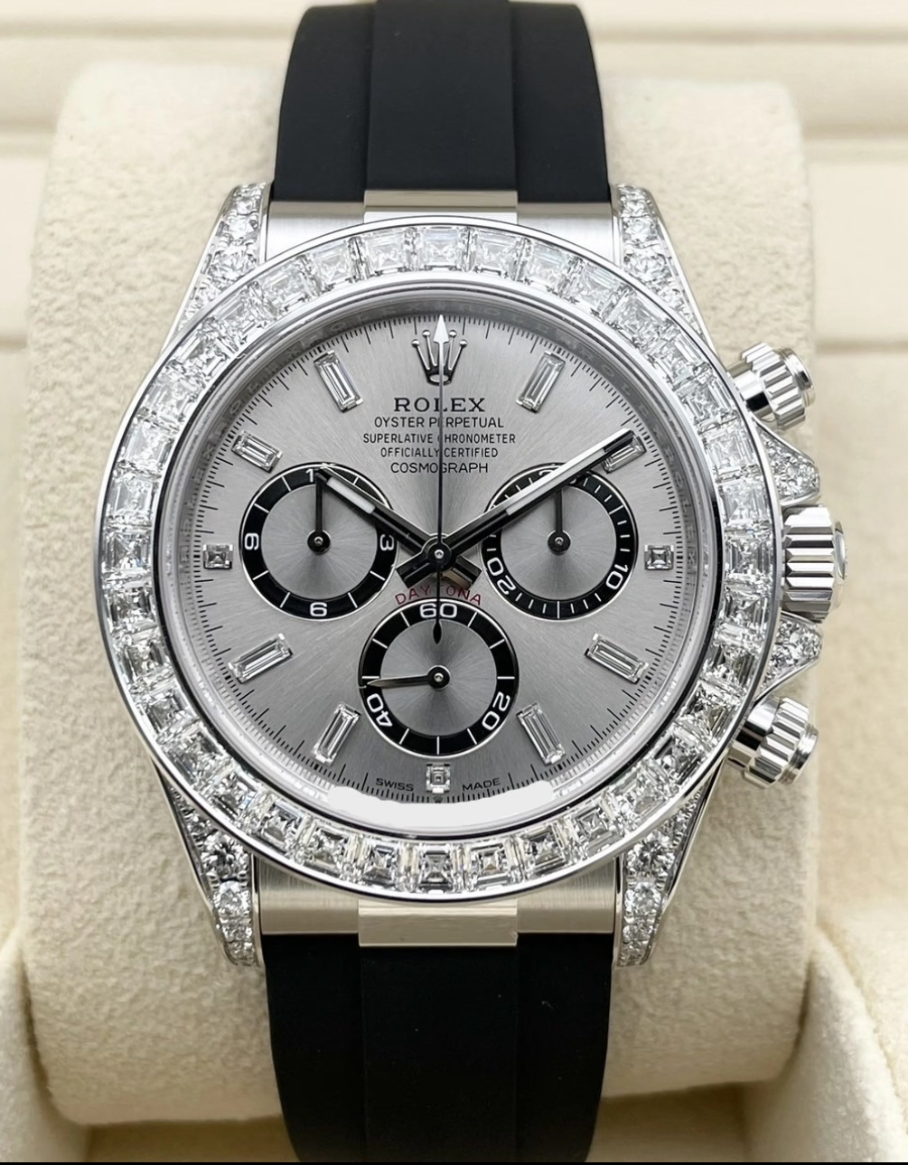 Rolex Daytona 40mm Super Clone Swiss Watch White Gold Diamond Bezel Oysterflex Strap Diamond Paved Dial Ref M126539TBR-0002 4131 Swiss Movement