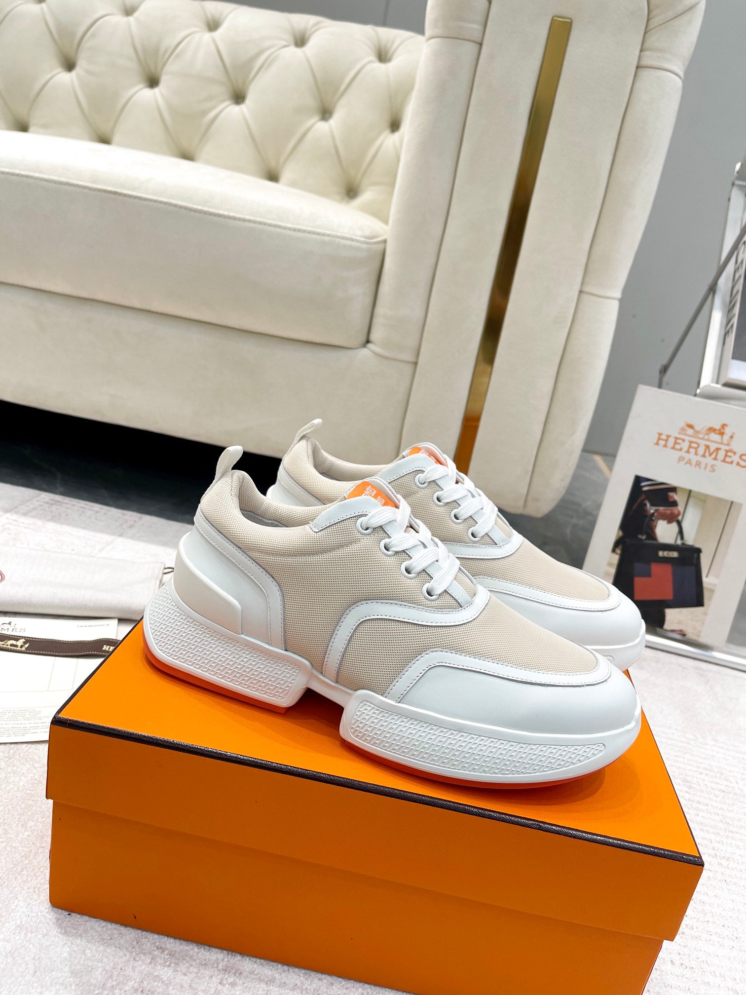 GIGA SNEAKER IN TAN BROWN STITCHED MESH AND WHITE CALFSKIN、mysite、Cacoeks