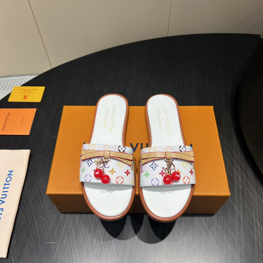 LV SLIDE SANDALS LOGO PRINT 25S IN WHITE CALFSKIN WITH CHERRY BLOSSOM BUCKLE、mysite、Cacoeks