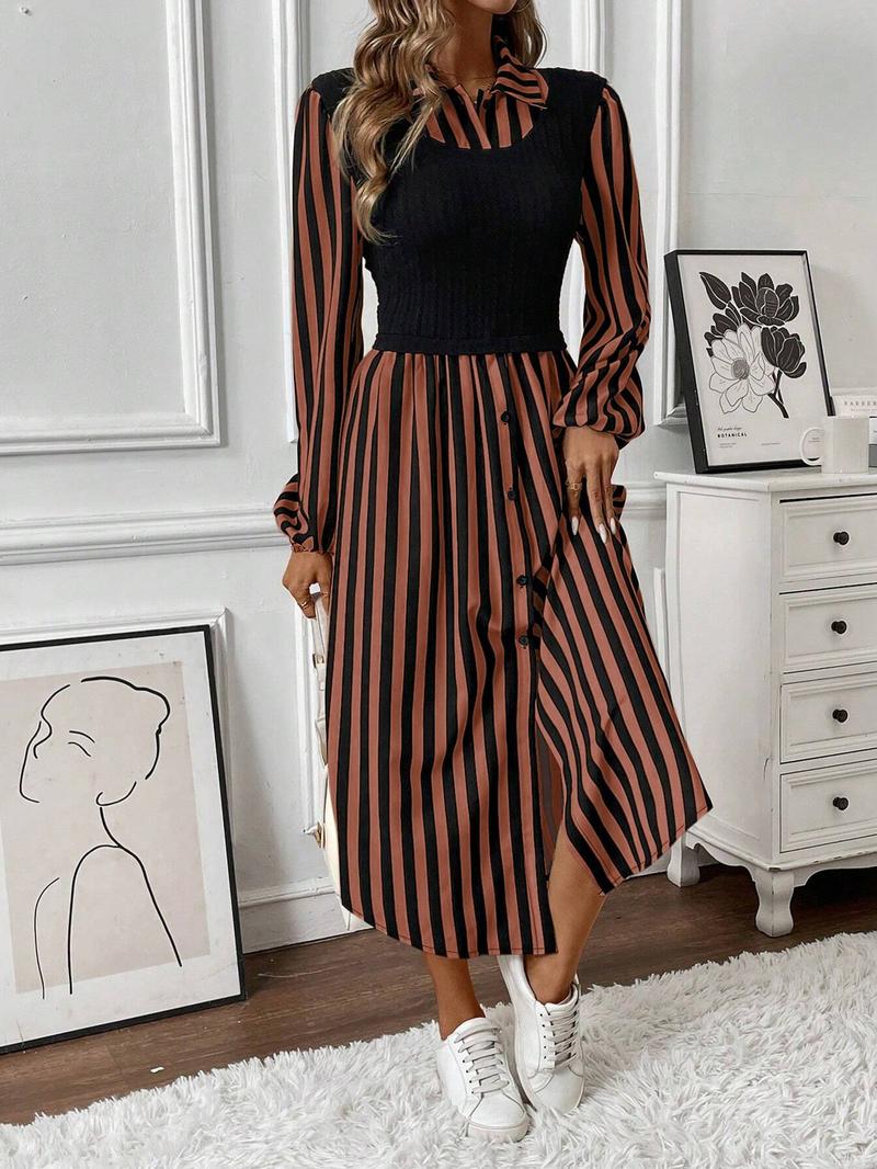 Women's Long Sleeve Striped Button Front Shirt Dress, Layered Design, Casual Spring & Fall Fashion, Elegant Women's Clothing