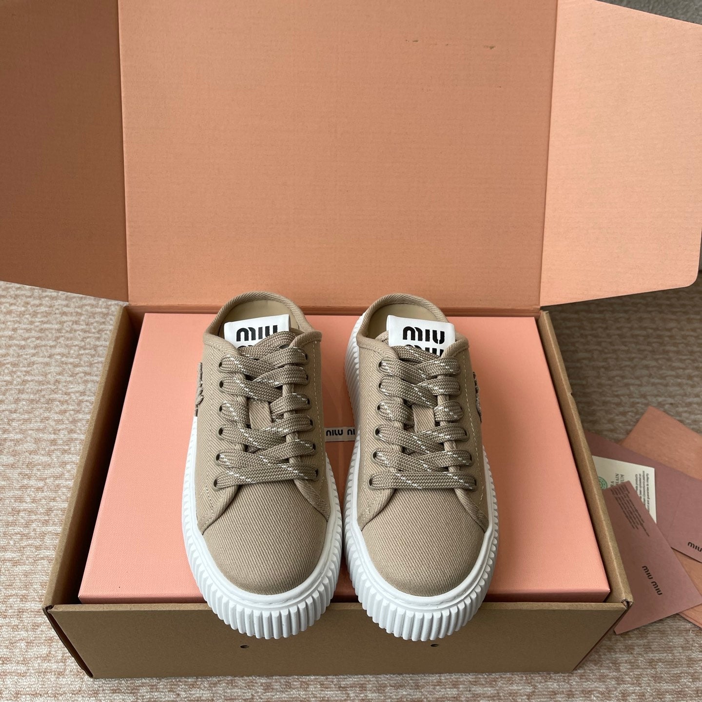 WASH SNEAKER MULES IN DARK BEIGE DENIM STRIPED LACES、mysite、Cacoeks