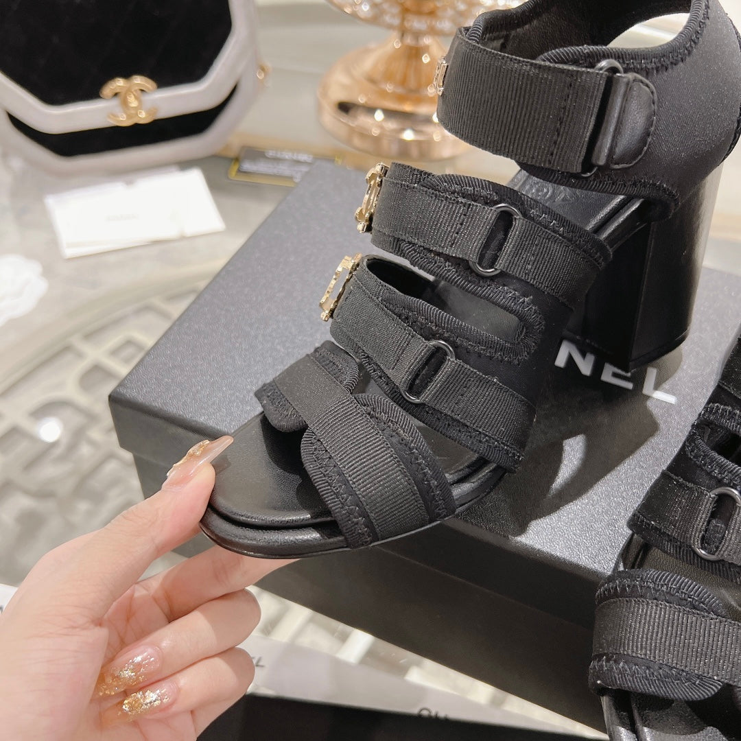 Double C Xiaoxiang Chain Fabric Head Chunky Heel Sandals Black Lambskin、mysite、Cacoeks