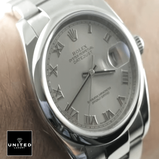 Rolex Datejust 36 Perpetual 116200 Silver Dial Replica on his arm