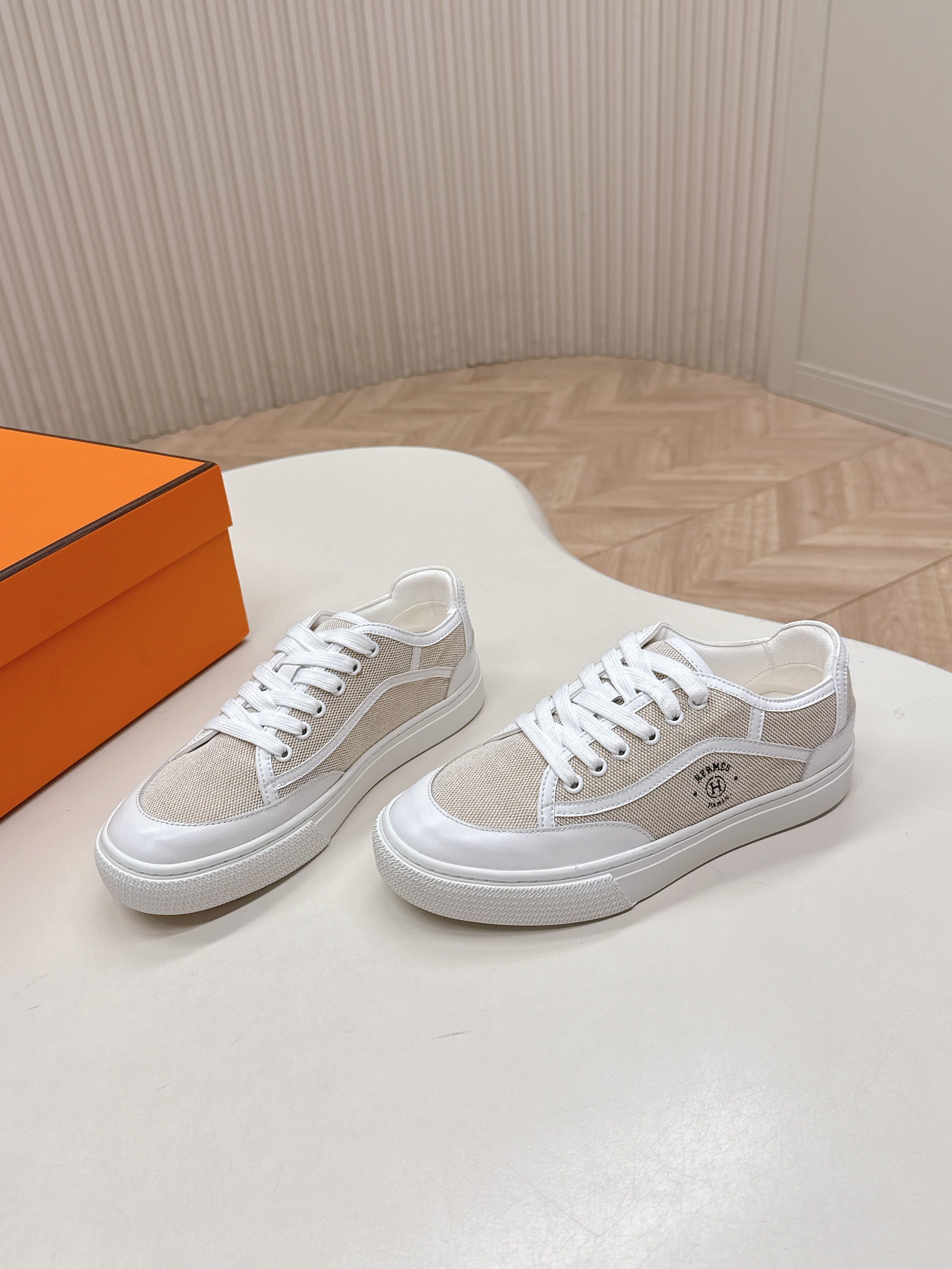 HM 25S SNEAKER LOW SPORTS IN BEIGE CANVAS MIX WHITE LAMBSKIN、mysite、Cacoeks