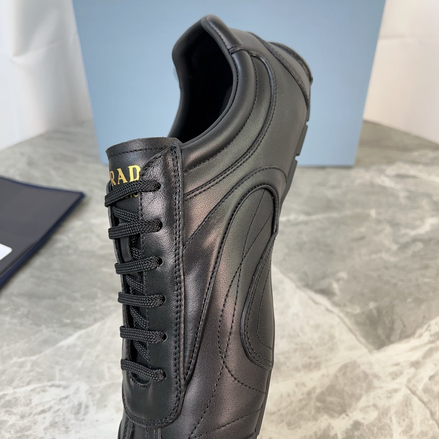 PRADA 25S MONTECARLO ANTIQUED SNEAKERS IN BLACK NAPPA LEATHER、mysite、Cacoeks