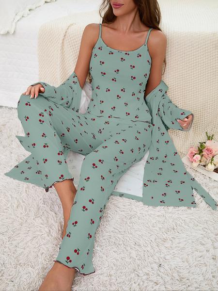 Cherry Print Women's Nightgown Set + Strap Pants, Comfortable Casual Home Wear, All-Season Fitted Sleepwear, Moderate Fabric Cherry Print Women's Nightgown Set + Strap Pants, Comfortable Casual Home Wear, All-Season Fitted Sleepwear, Moderate Fabric