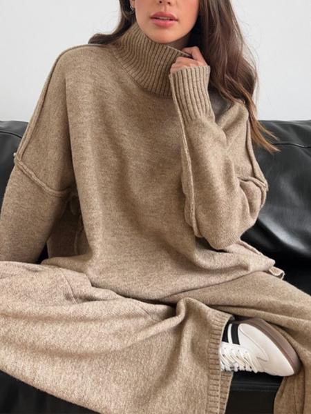 Women's 2 Pcs Sweater Set Autumn/Winter Long Sleeve Turtle Neck Drop Shoulder Solid Color Pullover Sweater and Wide Leg Pants, Women Fall Outfits, Winter 2 Piece Sweater Set, Women Pants Sweater Set, Fall Loungewear Set, Casual Sweater Set Women's 2 Pcs Sweater Set Autumn/Winter Long Sleeve Turtle Neck Drop Shoulder Solid Color Pullover Sweater and Wide Leg Pants, Women Fall Outfits, Winter 2 Piece Sweater Set, Women Pants Sweater Set, Fall Loungewear Set, Casual Sweater Set