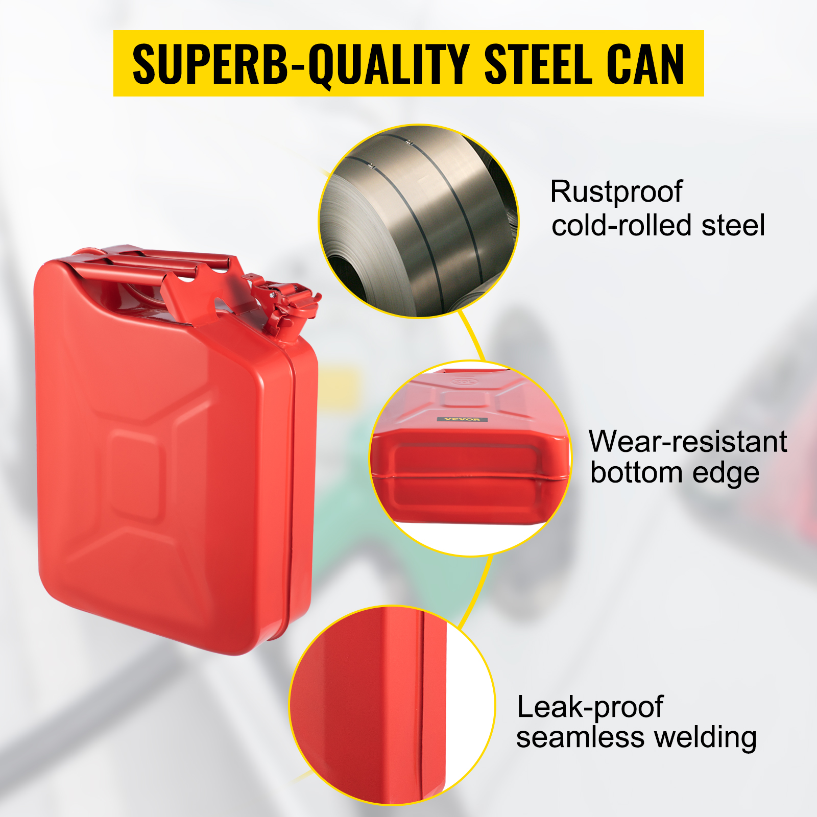 VEVOR jerry can in red with rustproof cold-rolled steel, wear-resistant bottom edge, and leak-proof welding.