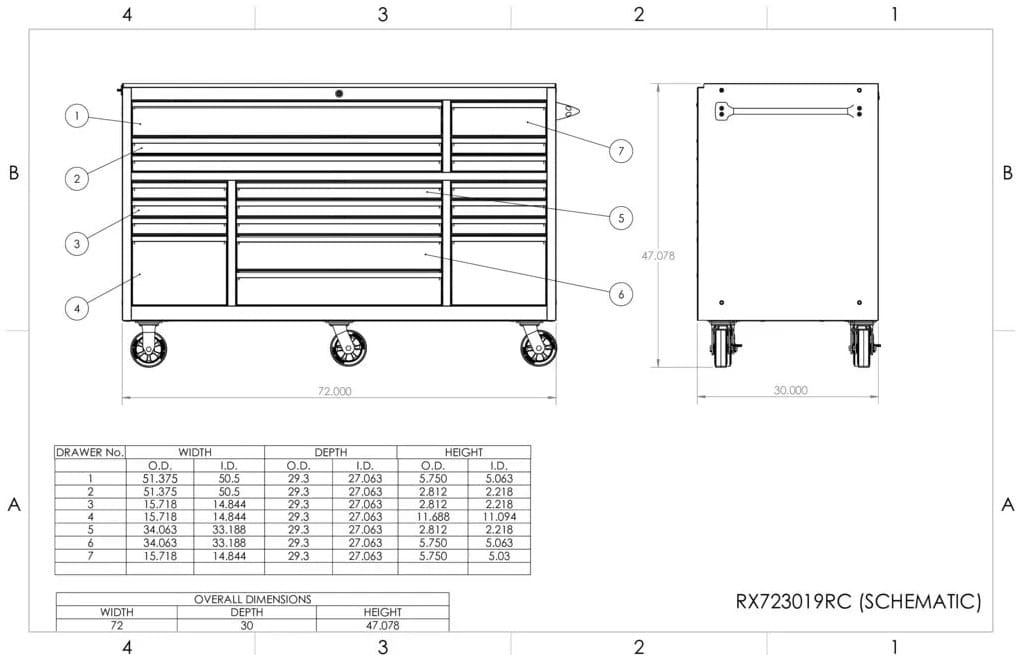 Schematic Drawing Of Extreme Tools RX723019RC Roller Cabinet Showing Front And Side Views Along With Detailed Dimensions And Specifications