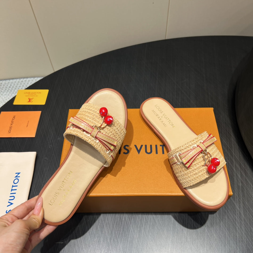 LV SLIDE SANDALS 25S IN BEIGE RAFFIA AND CALFSKIN WITH CHERRY BLOSSOM BUCKLE、mysite、Cacoeks