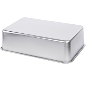 Rectangular silver metal box with smooth surface and slightly rounded edges. Plain design without visible markings or labels.